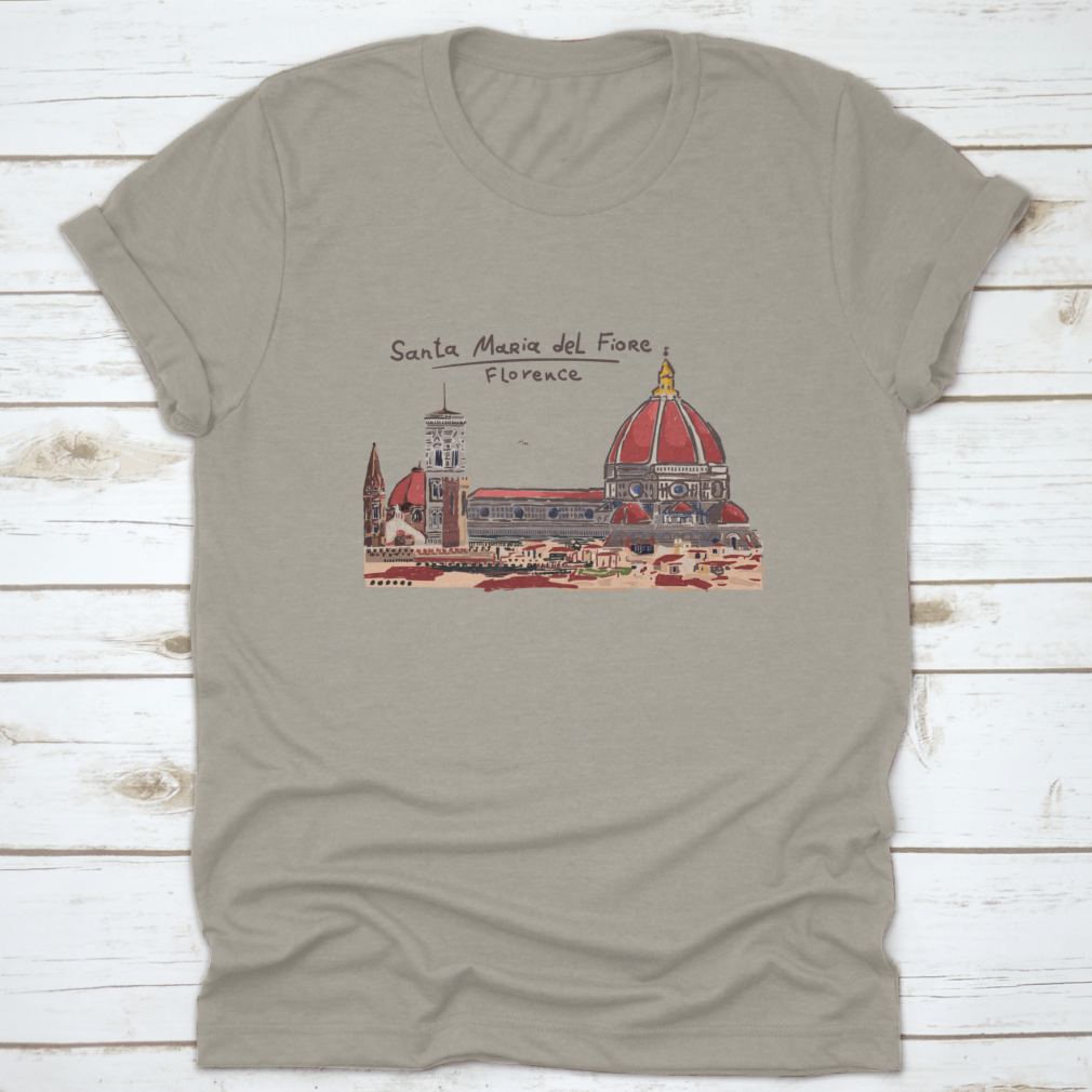 Vector hand-drawn sketch of Florence's Duomo Santa Maria Del Fiore on a cotton T-shirt, showcasing intricate architectural details.