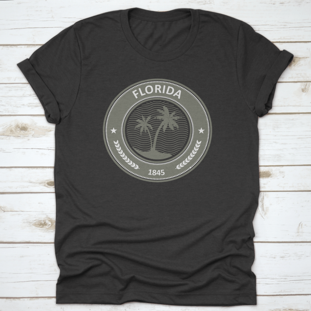 Florida Stamp T-Shirt featuring a vibrant state label with palm trees, made from 100% cotton for comfort.