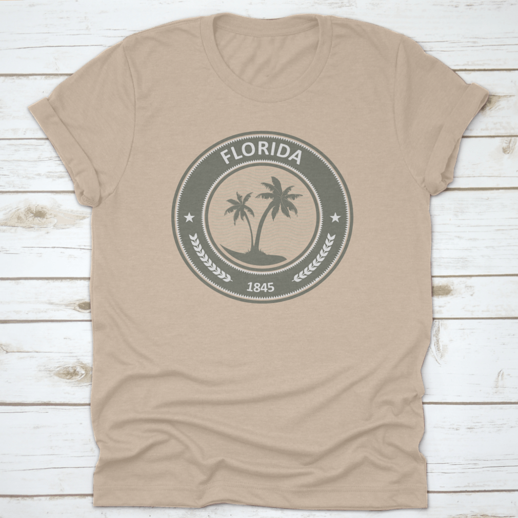 Florida Stamp T-Shirt featuring a vibrant state label with palm trees, made from 100% cotton for comfort.