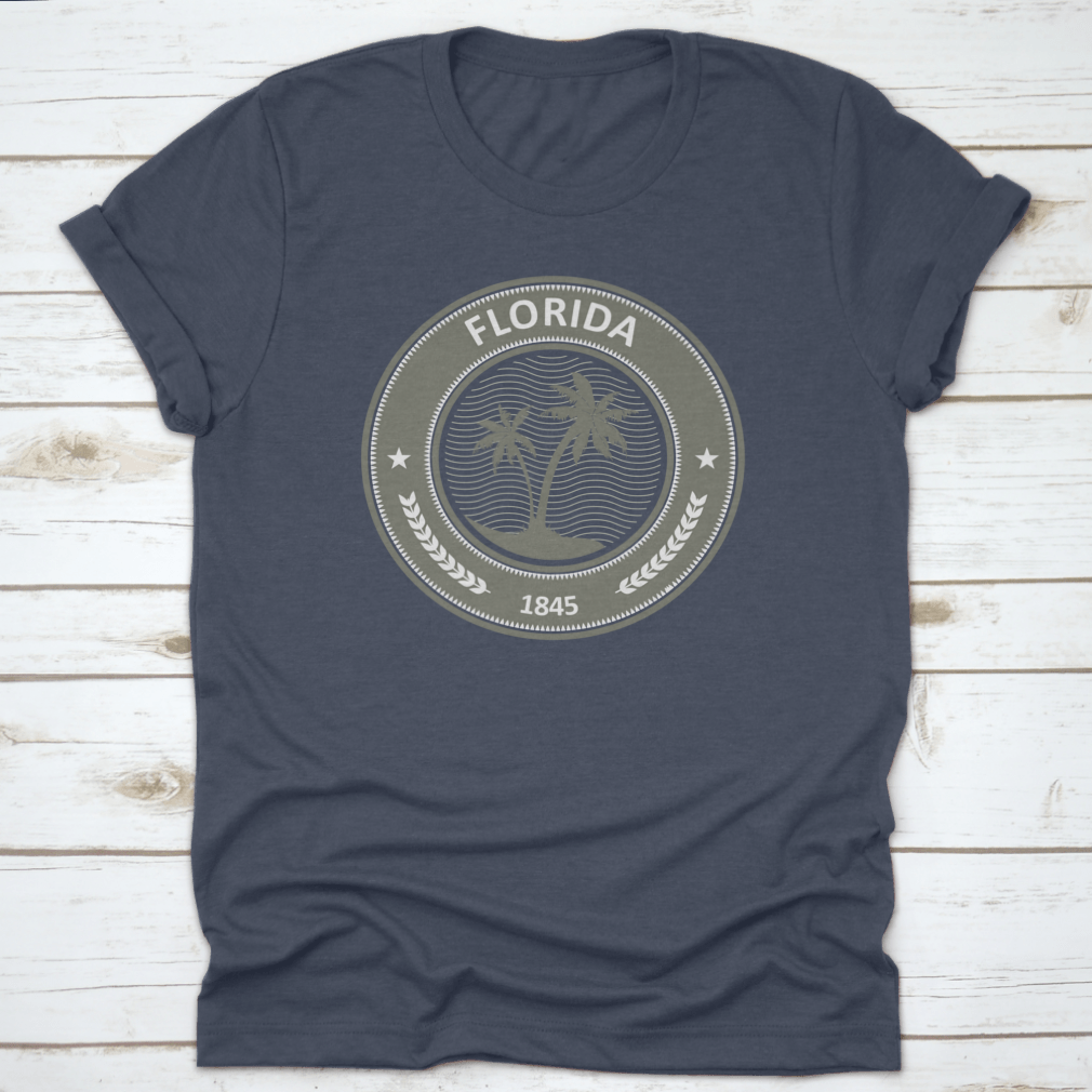 Florida Stamp T-Shirt featuring a vibrant state label with palm trees, made from 100% cotton for comfort.