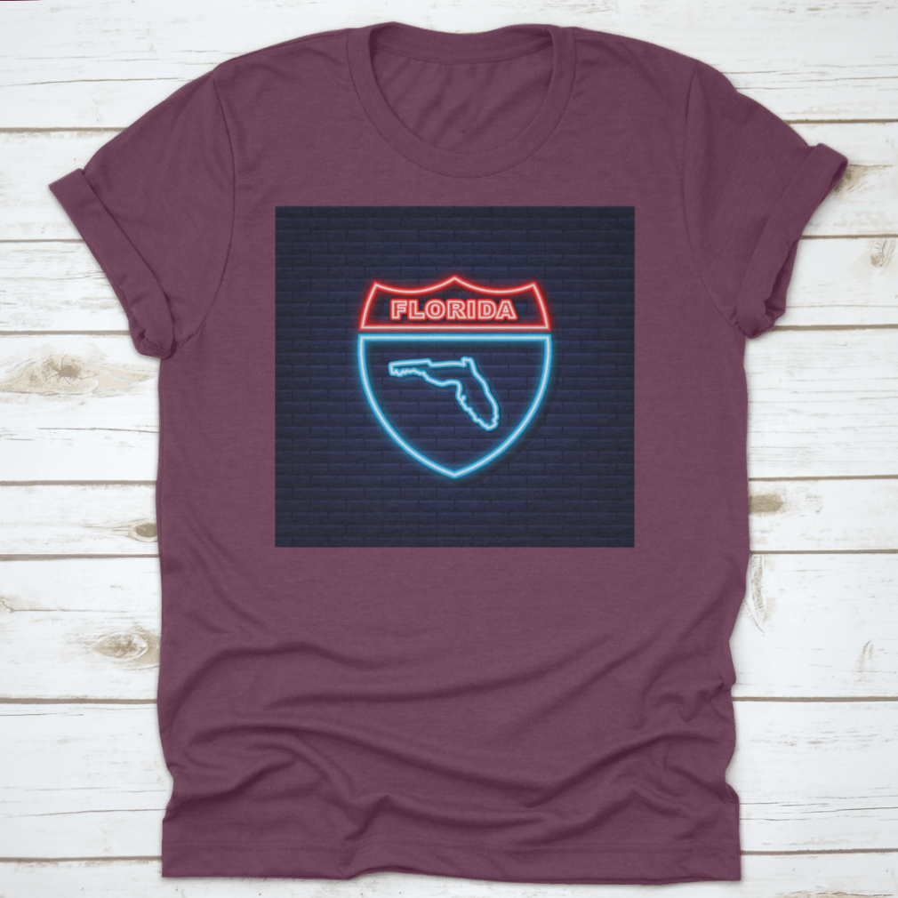 A vibrant neon illustration of the Florida state map on a stylish t-shirt, showcasing Florida pride.