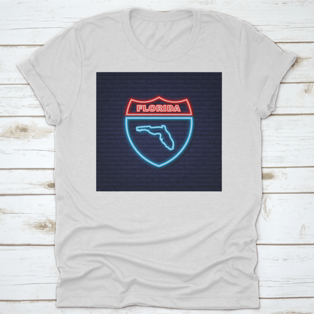 A vibrant neon illustration of the Florida state map on a stylish t-shirt, showcasing Florida pride.