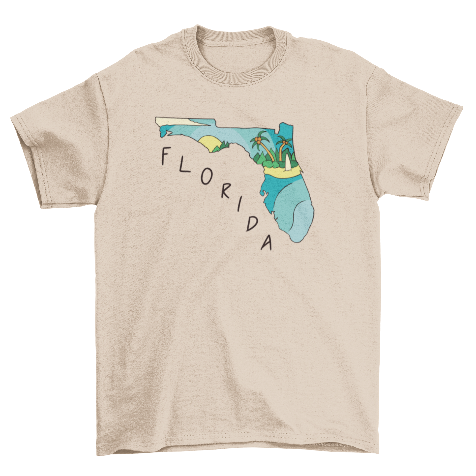 Florida state map t-shirt featuring a beach design, showcasing vibrant colors and a stylish look.
