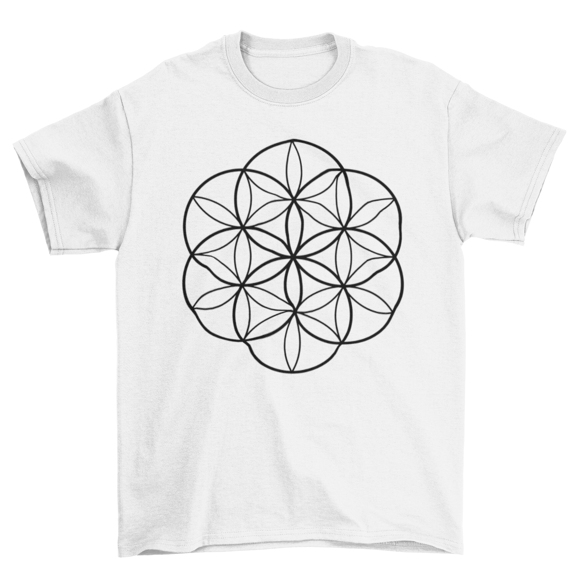 A stylish t-shirt featuring an abstract Flower of Life sacred geometry design, showcasing intricate shapes and patterns.