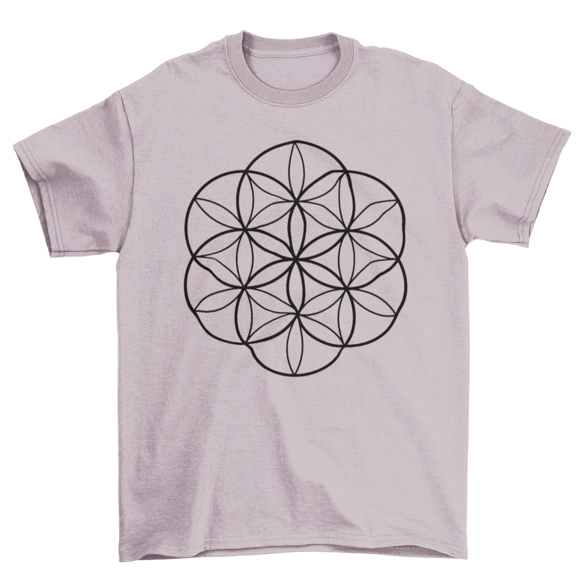 A stylish t-shirt featuring an abstract Flower of Life sacred geometry design, showcasing intricate shapes and patterns.