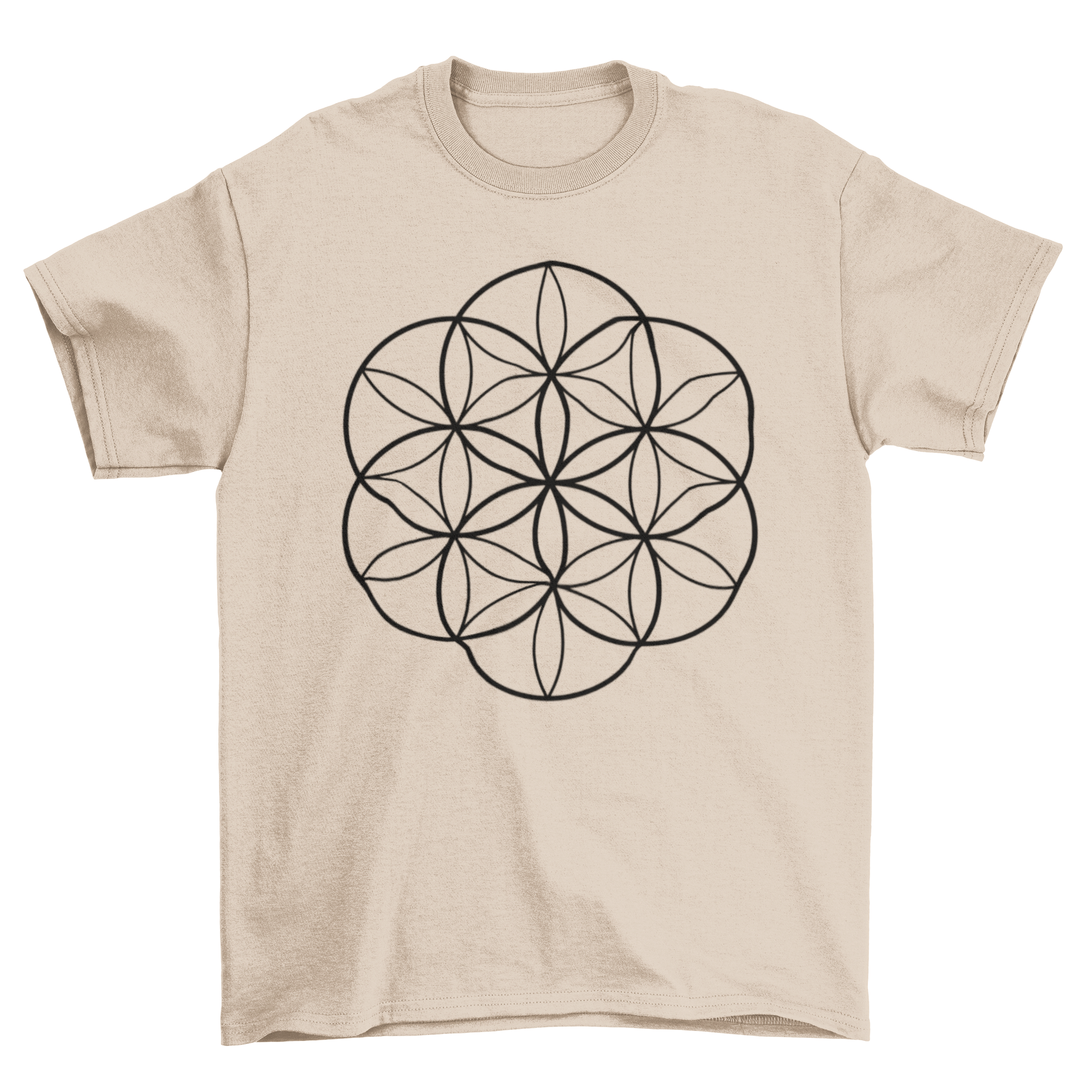 A stylish t-shirt featuring an abstract Flower of Life sacred geometry design, showcasing intricate shapes and patterns.