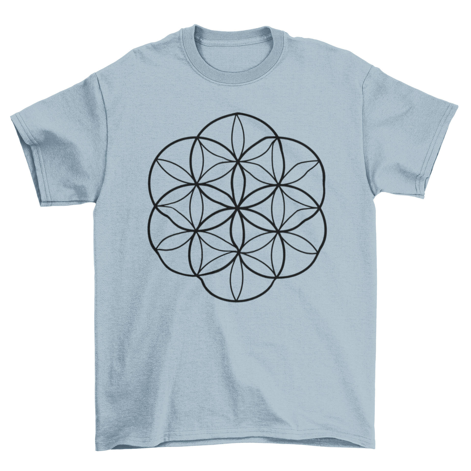 A stylish t-shirt featuring an abstract Flower of Life sacred geometry design, showcasing intricate shapes and patterns.