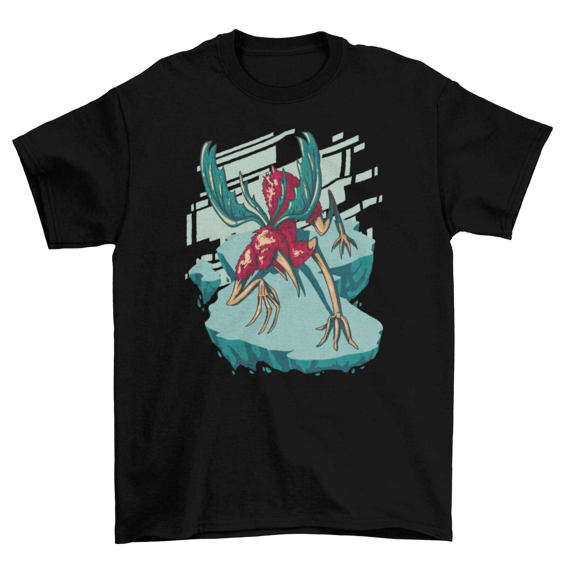A vibrant t-shirt featuring a whimsical monster with fur and wings, perfect for casual wear.