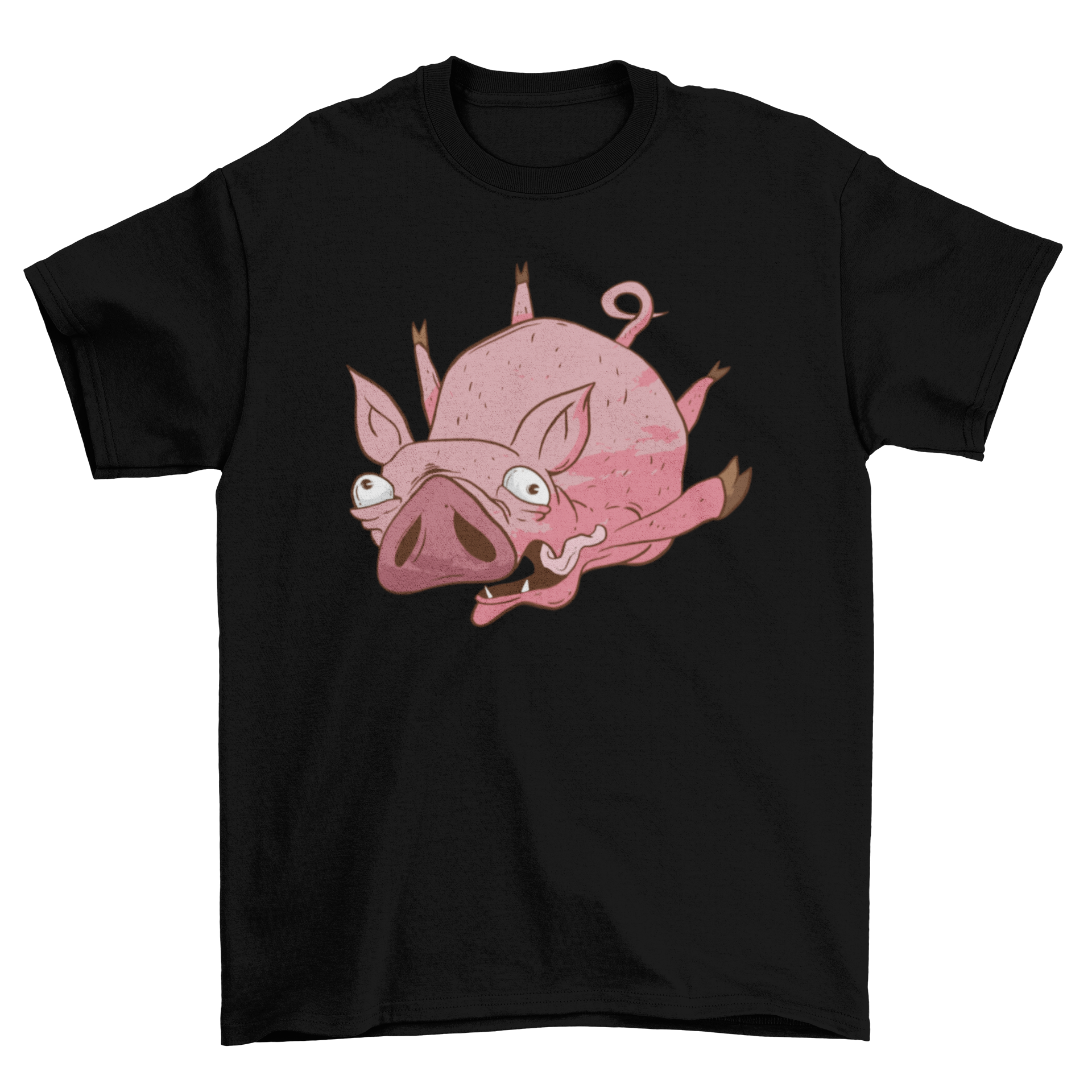 A colorful cartoon t-shirt featuring a whimsical flying pig design, perfect for casual wear.