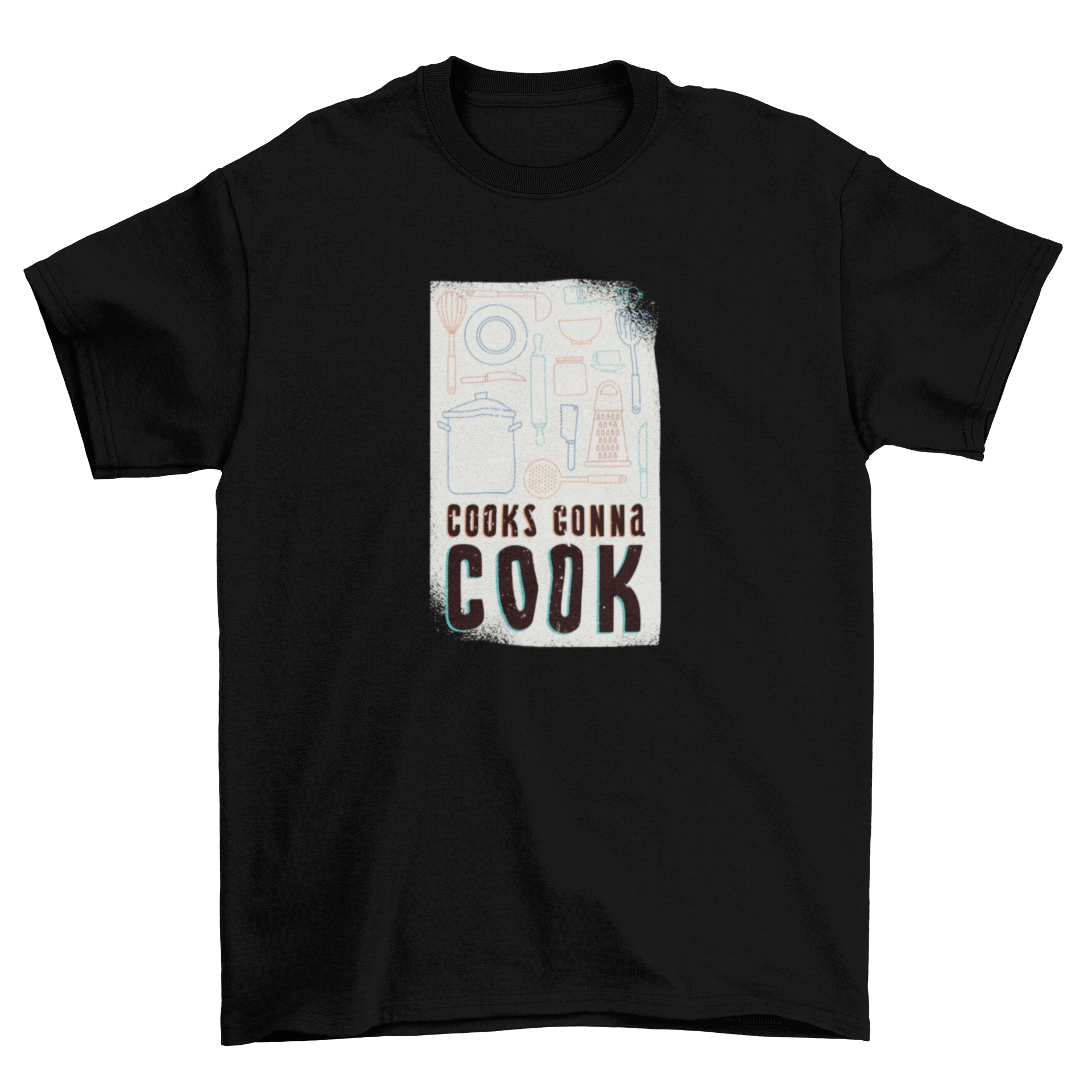 Stylish T-shirt featuring the bold quote 'Cooks Gonna Cook' with various kitchen tools illustrations.