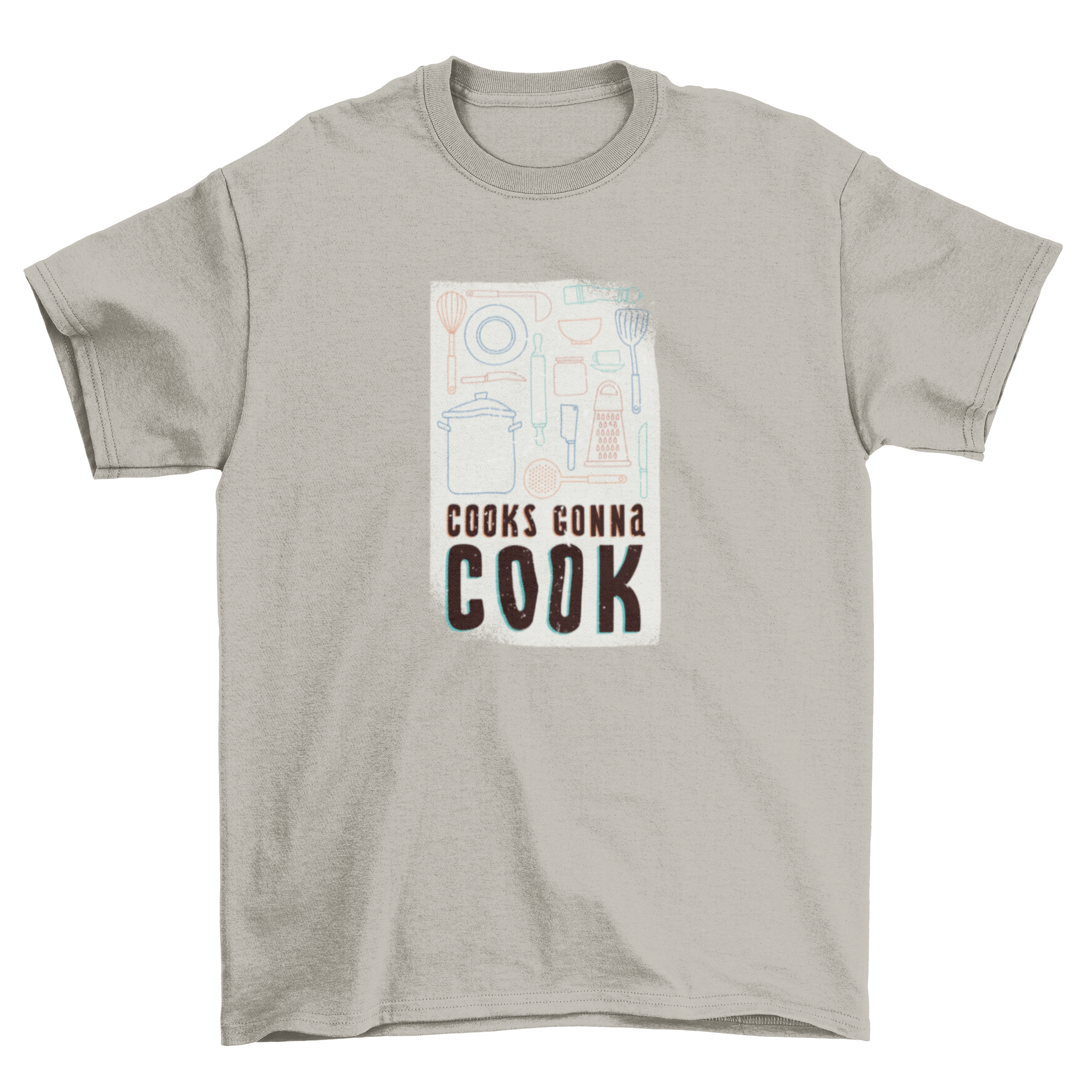 Stylish T-shirt featuring the bold quote 'Cooks Gonna Cook' with various kitchen tools illustrations.