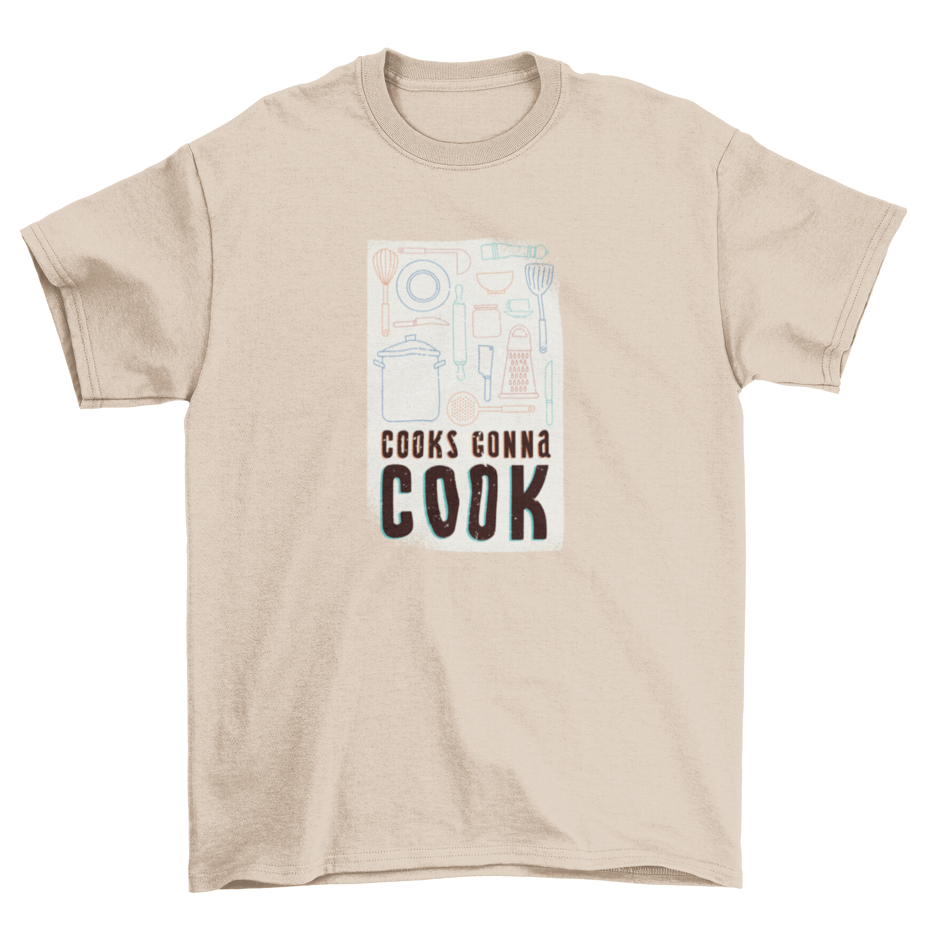 Stylish T-shirt featuring the bold quote 'Cooks Gonna Cook' with various kitchen tools illustrations.