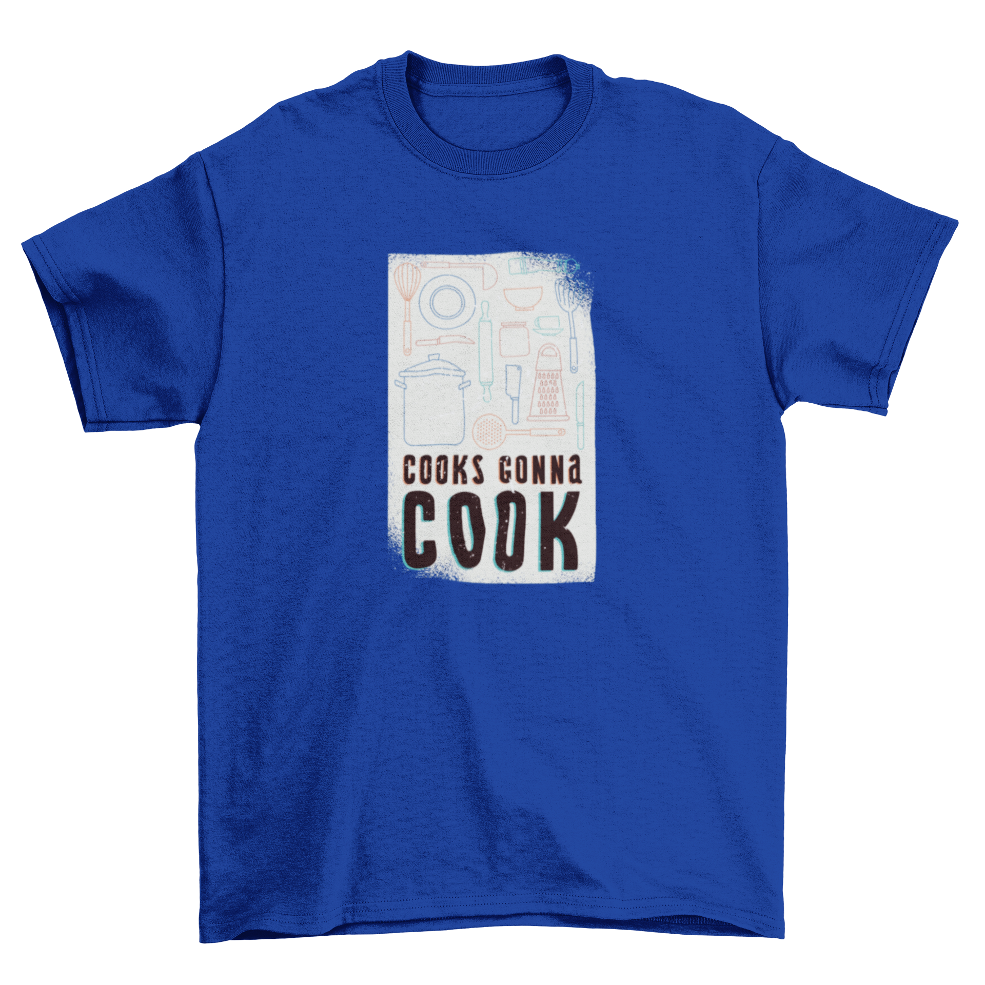 Stylish T-shirt featuring the bold quote 'Cooks Gonna Cook' with various kitchen tools illustrations.
