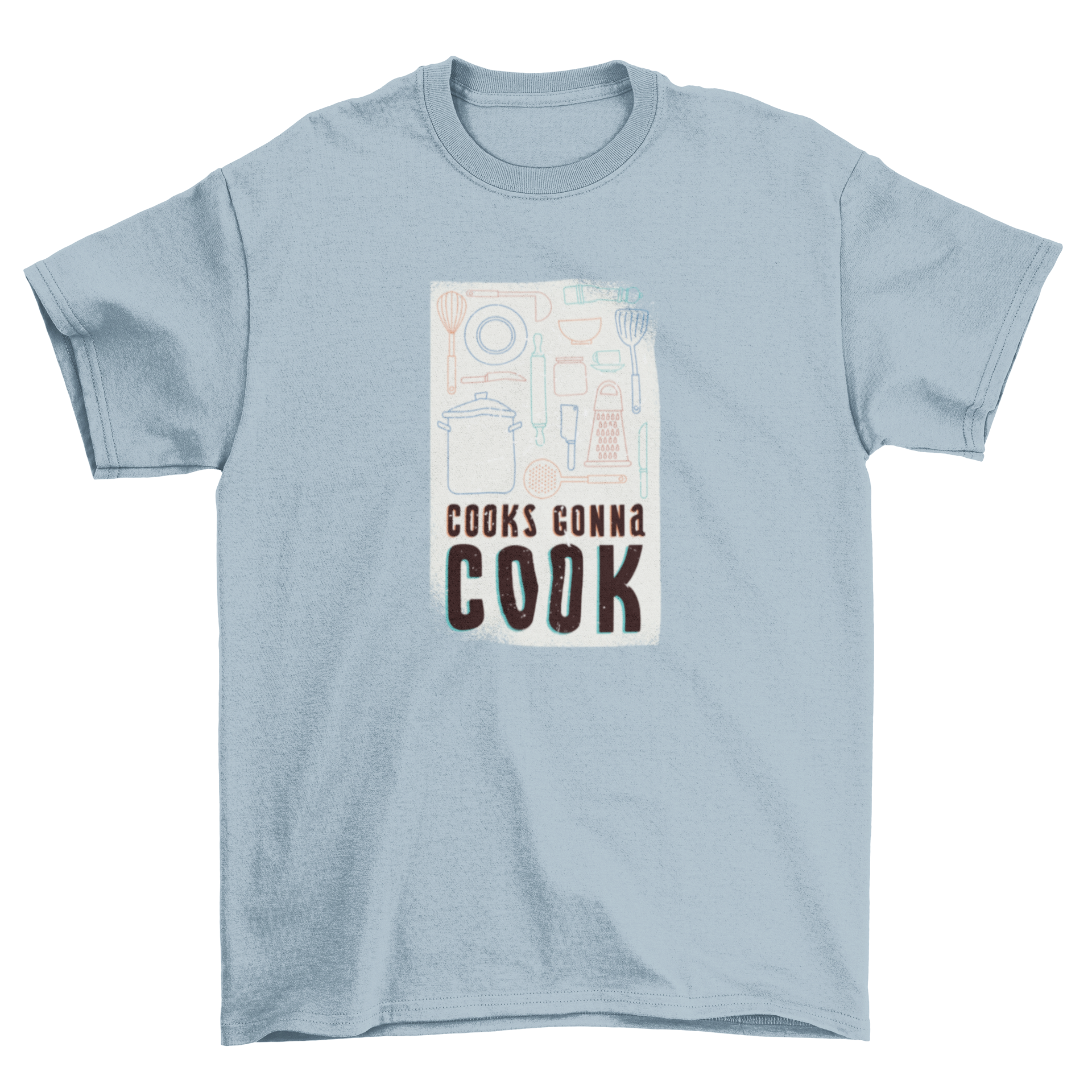 Stylish T-shirt featuring the bold quote 'Cooks Gonna Cook' with various kitchen tools illustrations.