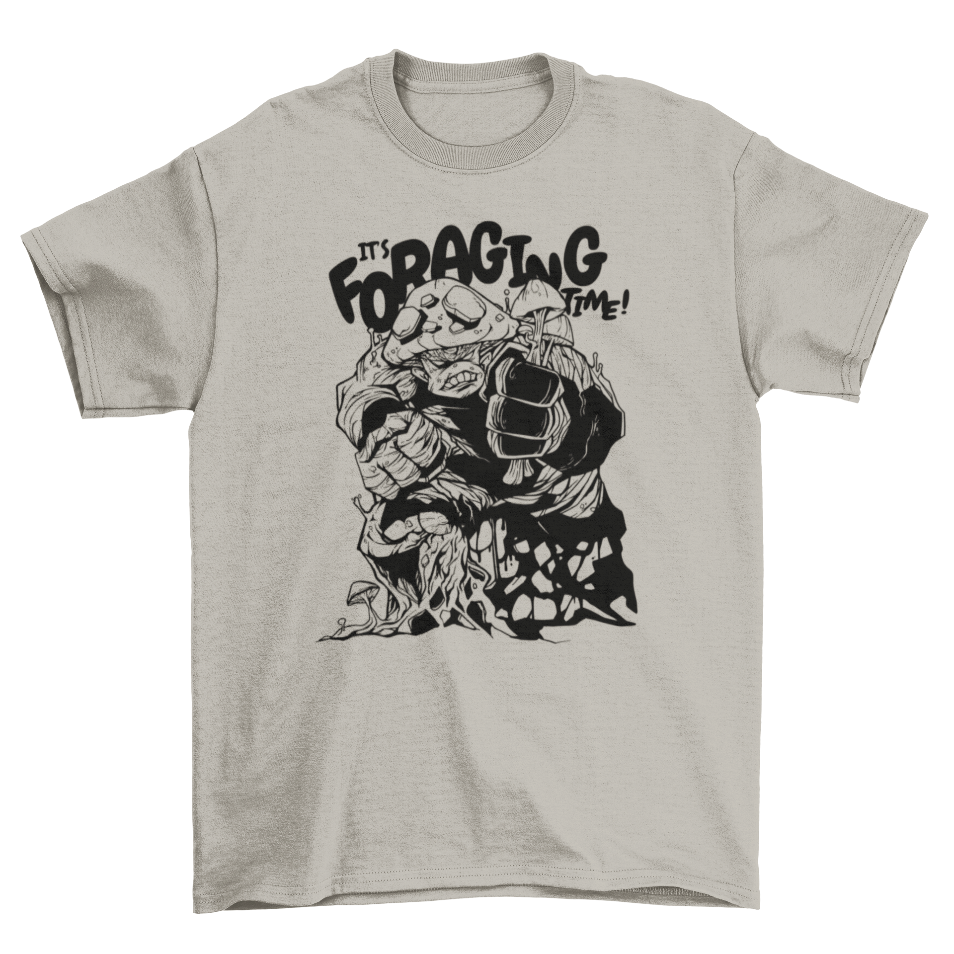 Foraging Time Mushroom T-Shirt featuring a whimsical mushroom character and the quote 'It's foraging time!'