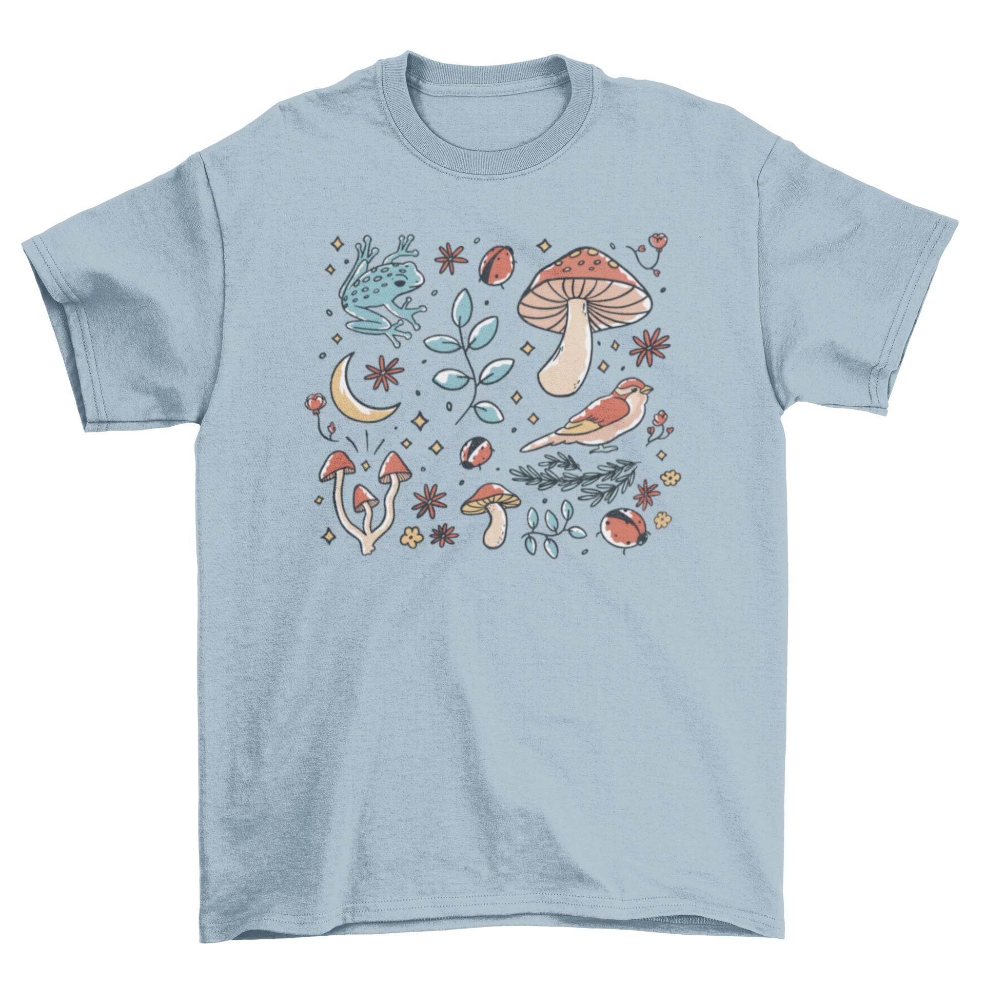 Forest Elements T-Shirt featuring various forest designs, showcasing trees and leaves in a stylish layout.