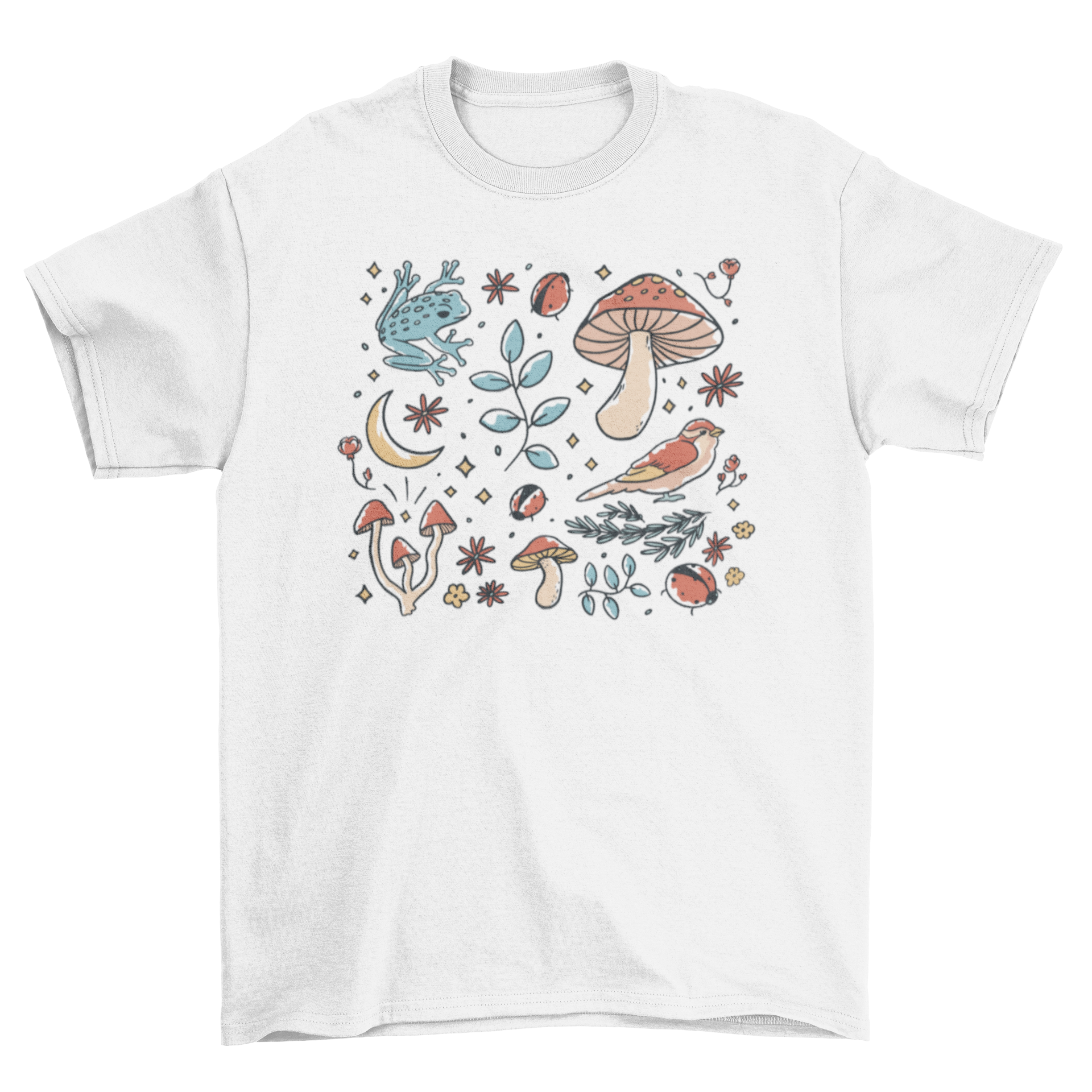 Forest Elements T-Shirt featuring various forest designs, showcasing trees and leaves in a stylish layout.