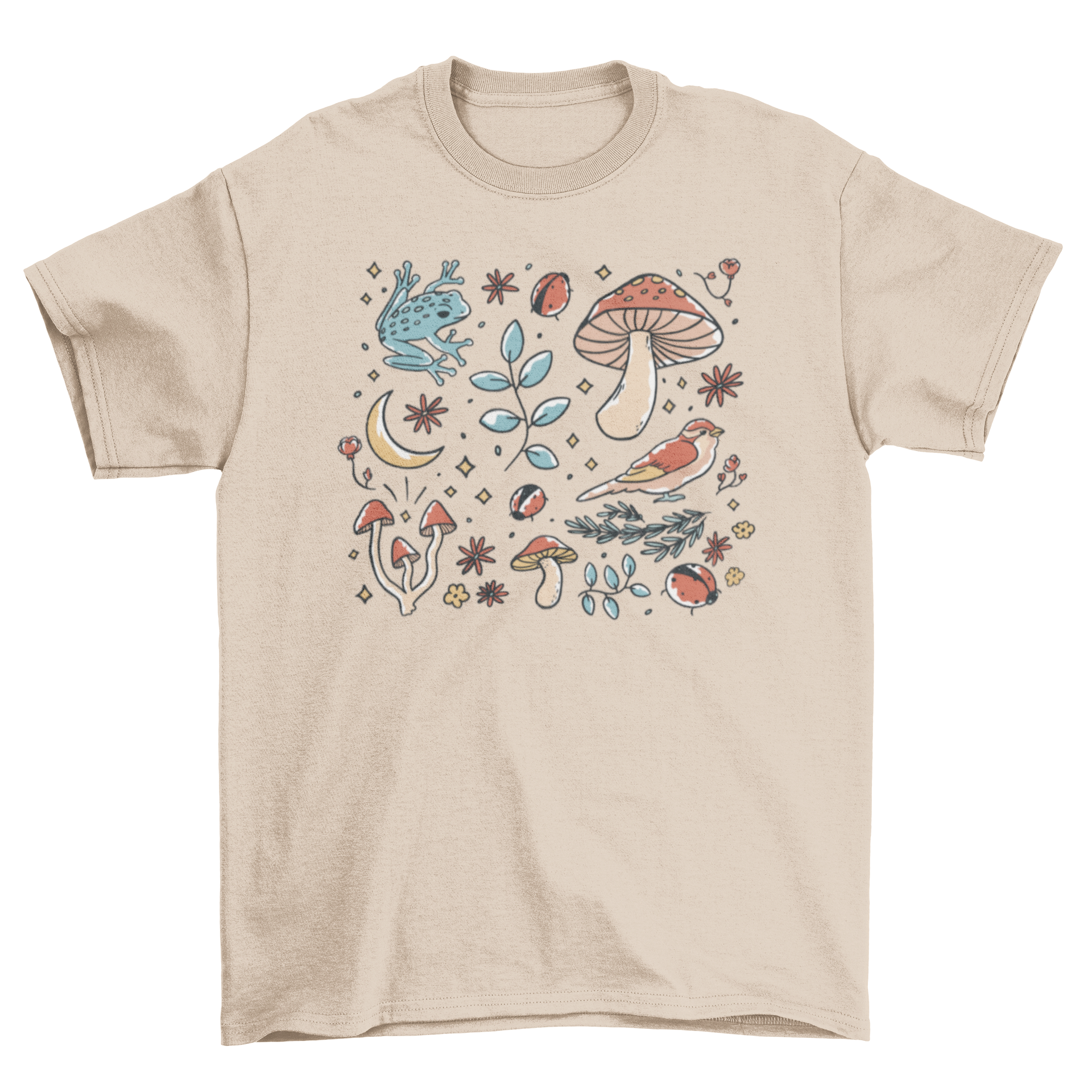 Forest Elements T-Shirt featuring various forest designs, showcasing trees and leaves in a stylish layout.