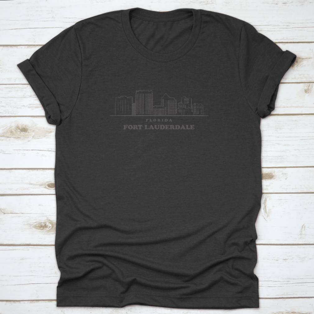 A stylish T-shirt featuring a drawn sketch vector design of the Fort Lauderdale skyline, showcasing iconic buildings and palm trees.