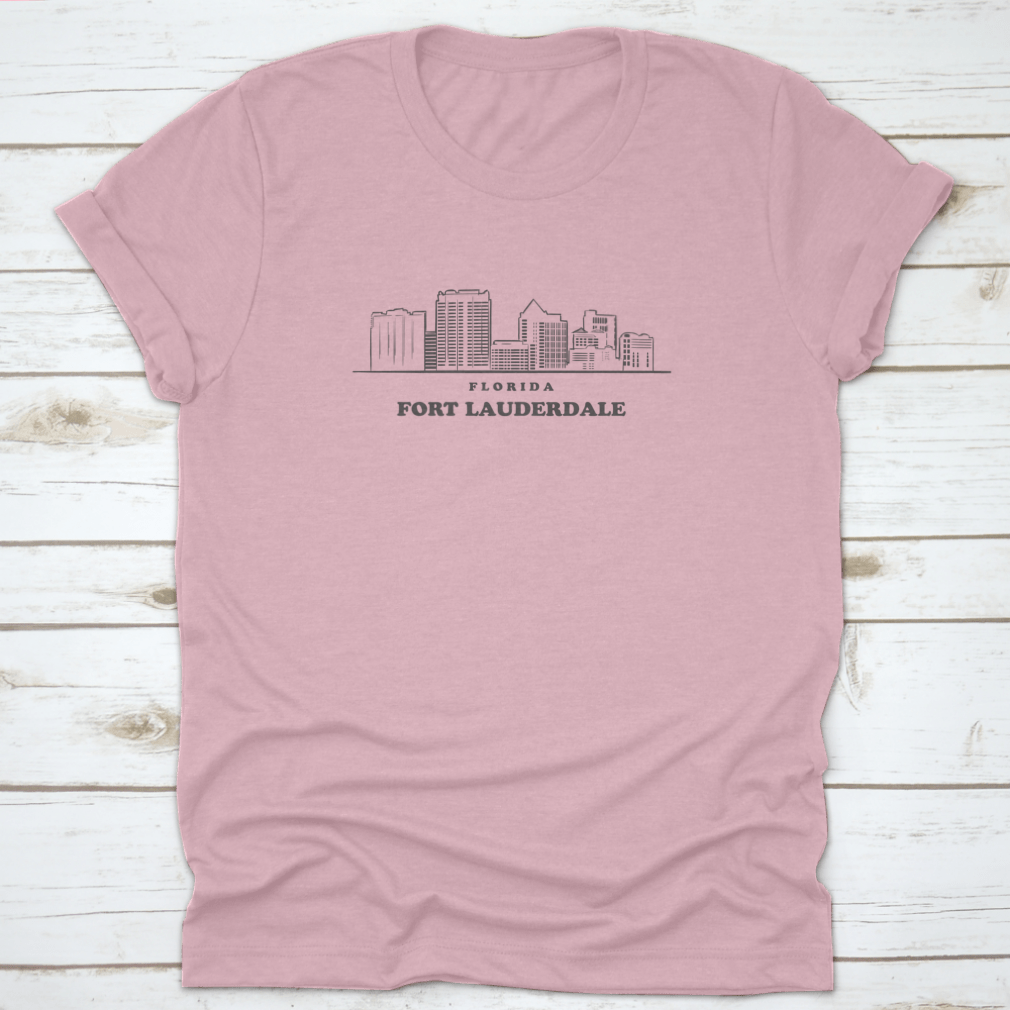 A stylish T-shirt featuring a drawn sketch vector design of the Fort Lauderdale skyline, showcasing iconic buildings and palm trees.