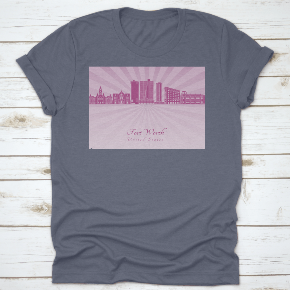 Vector illustration of the Fort Worth Skyline in vibrant purple Radiant Orchid, showcasing iconic buildings and cityscape details.