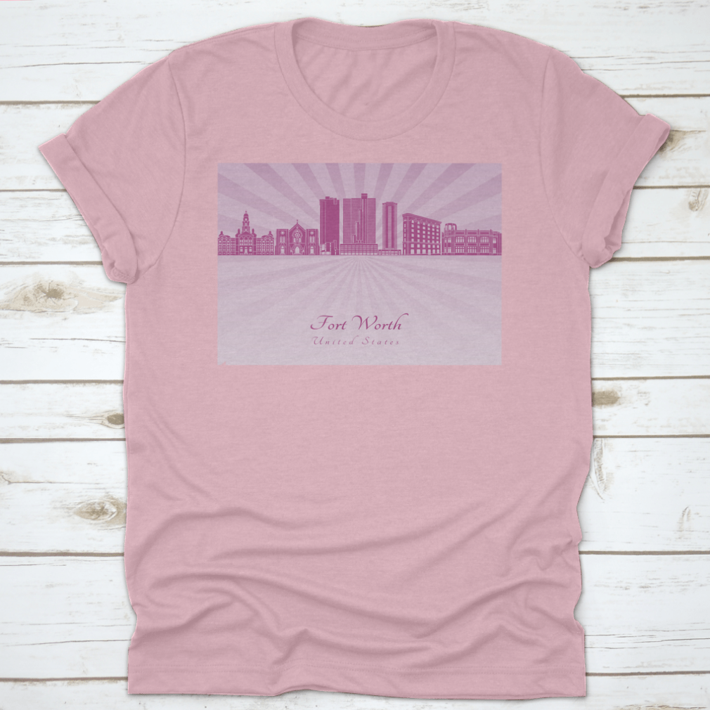 Vector illustration of the Fort Worth Skyline in vibrant purple Radiant Orchid, showcasing iconic buildings and cityscape details.