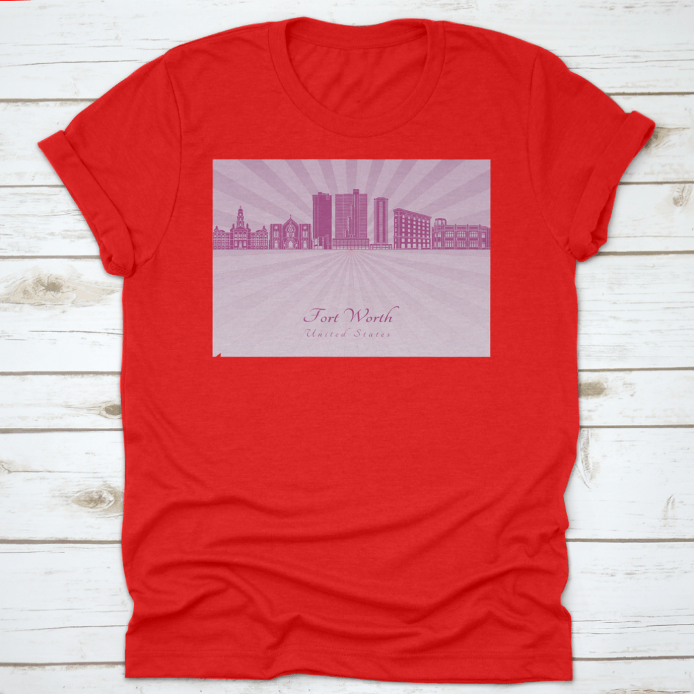 Vector illustration of the Fort Worth Skyline in vibrant purple Radiant Orchid, showcasing iconic buildings and cityscape details.