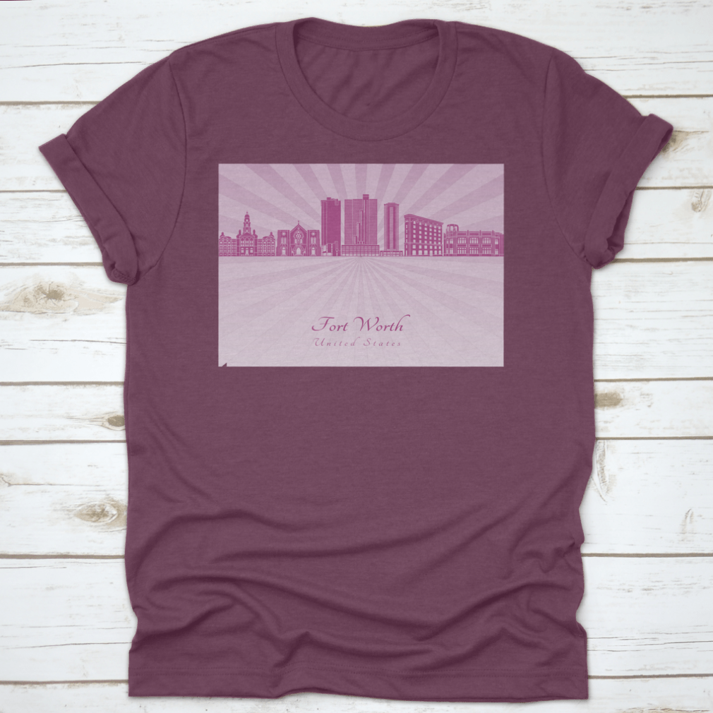 Vector illustration of the Fort Worth Skyline in vibrant purple Radiant Orchid, showcasing iconic buildings and cityscape details.