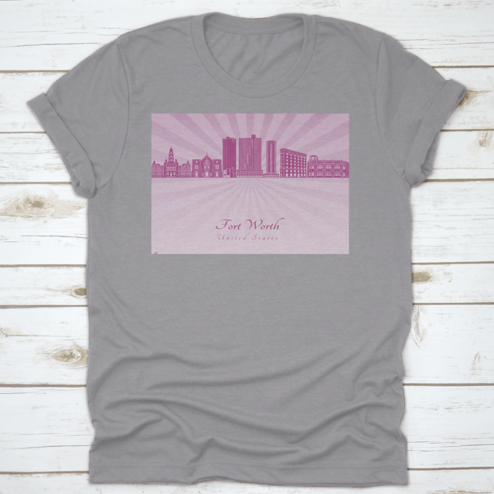 Vector illustration of the Fort Worth Skyline in vibrant purple Radiant Orchid, showcasing iconic buildings and cityscape details.