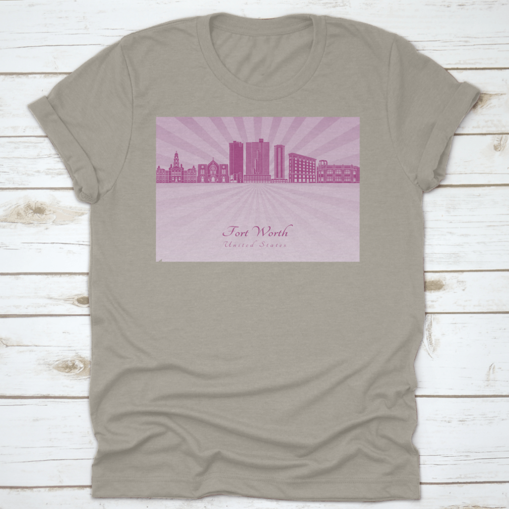 Vector illustration of the Fort Worth Skyline in vibrant purple Radiant Orchid, showcasing iconic buildings and cityscape details.