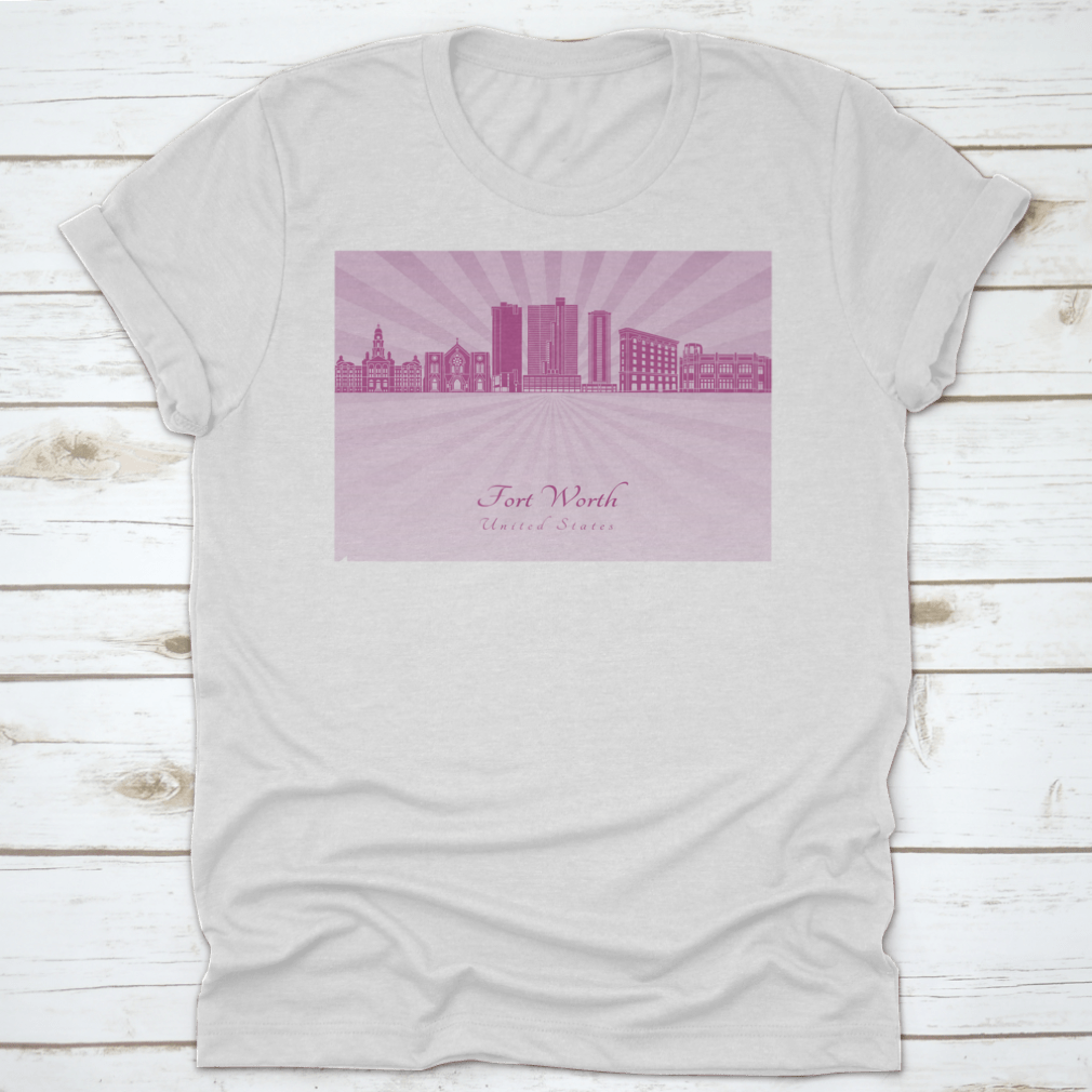 Vector illustration of the Fort Worth Skyline in vibrant purple Radiant Orchid, showcasing iconic buildings and cityscape details.