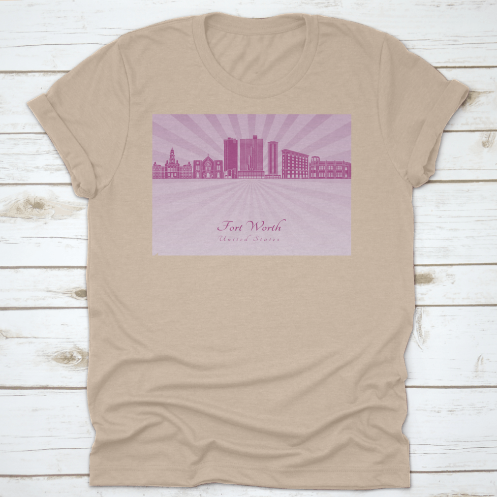 Vector illustration of the Fort Worth Skyline in vibrant purple Radiant Orchid, showcasing iconic buildings and cityscape details.