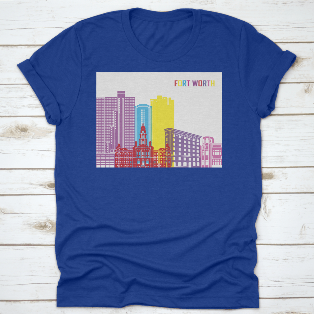 A stylish Fort Worth Skyline Pop Vector Print T-shirt showcasing the iconic skyline design, made from soft cotton fabric.