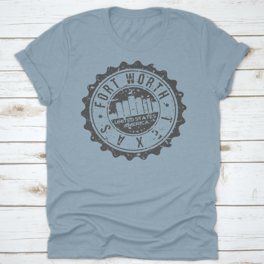Stylish Fort Worth Texas City Skyline silhouette design on a cotton t-shirt, showcasing iconic city landmarks.