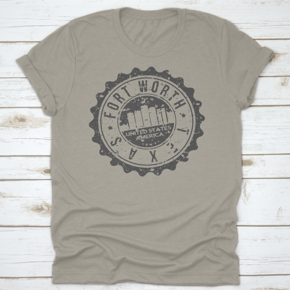 Stylish Fort Worth Texas City Skyline silhouette design on a cotton t-shirt, showcasing iconic city landmarks.