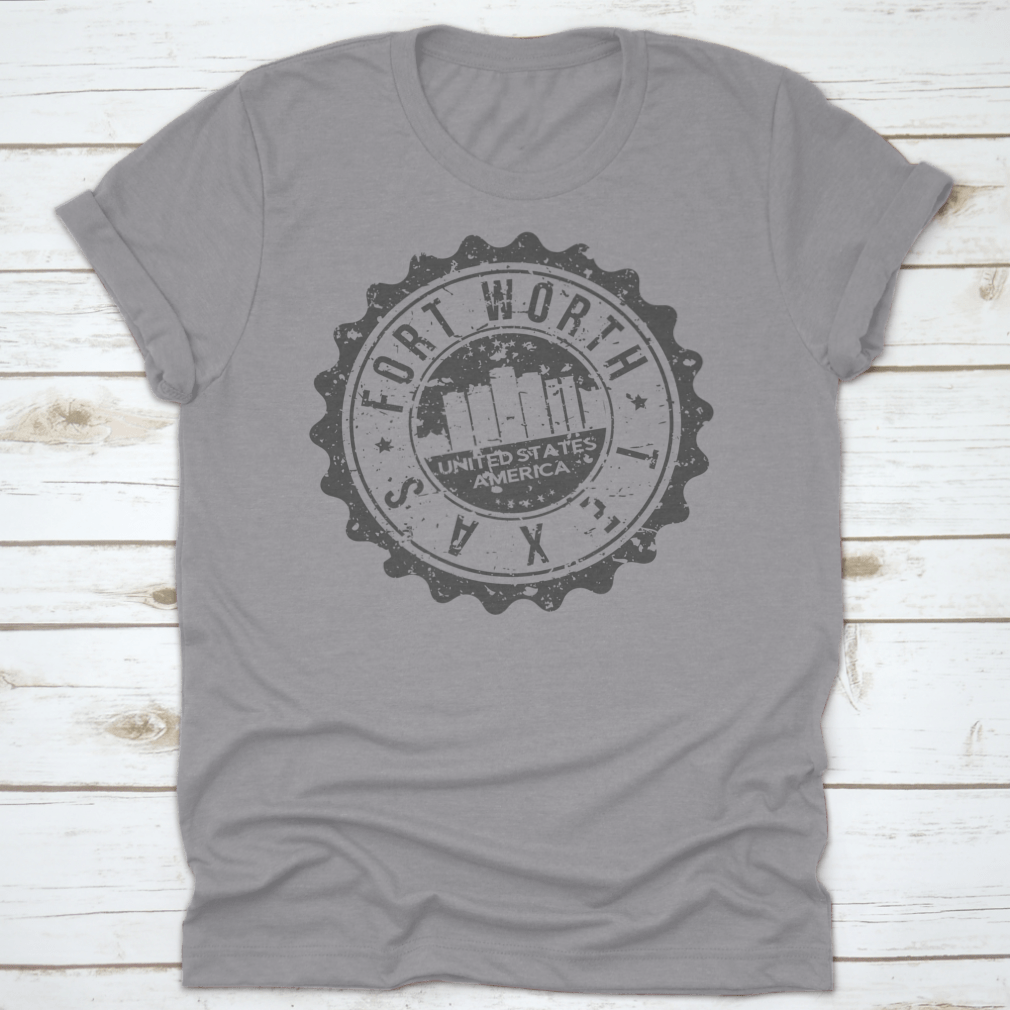 Stylish Fort Worth Texas City Skyline silhouette design on a cotton t-shirt, showcasing iconic city landmarks.