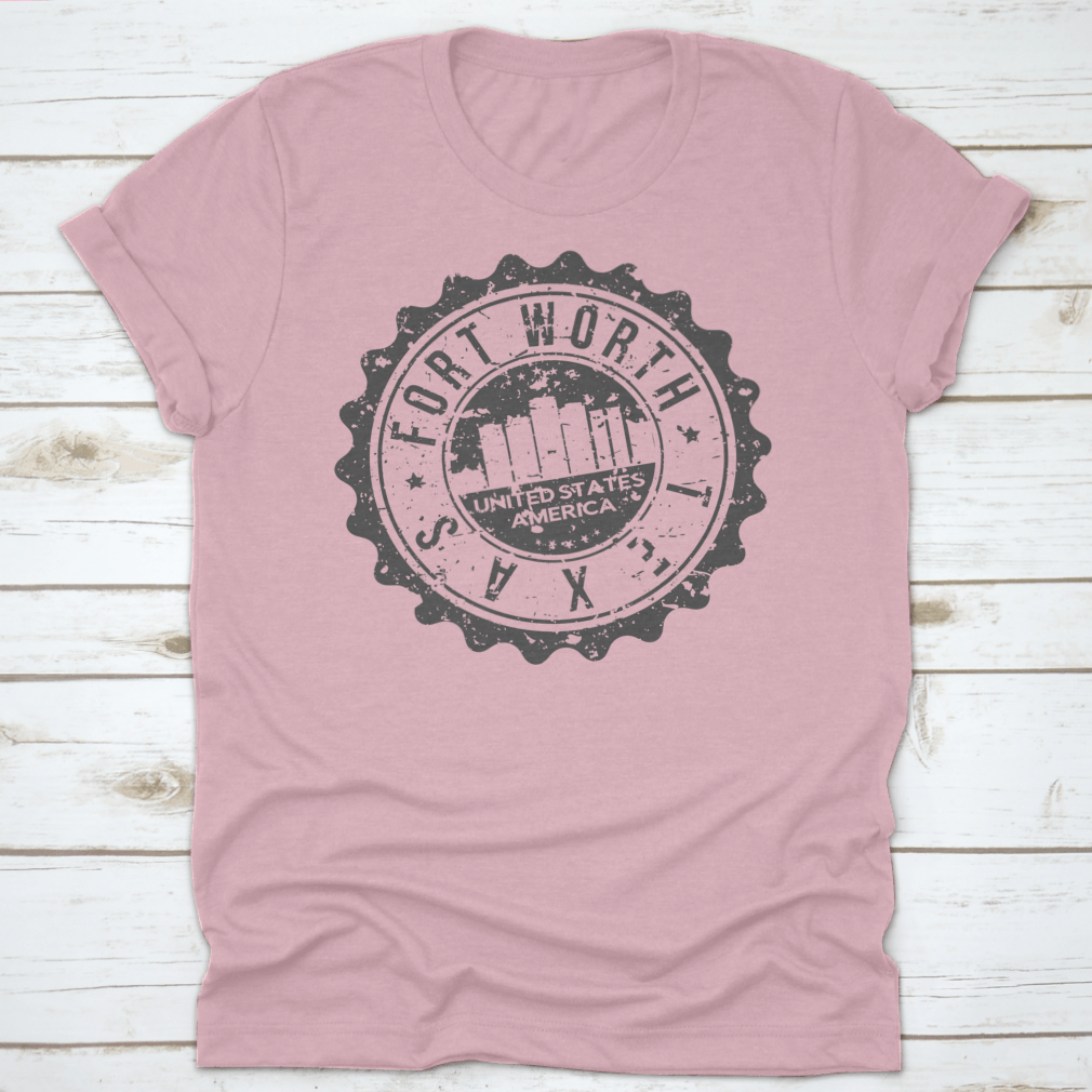 Stylish Fort Worth Texas City Skyline silhouette design on a cotton t-shirt, showcasing iconic city landmarks.