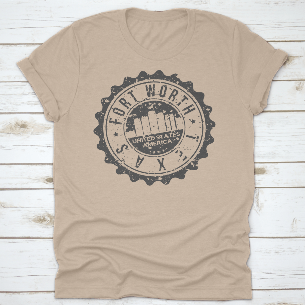 Stylish Fort Worth Texas City Skyline silhouette design on a cotton t-shirt, showcasing iconic city landmarks.