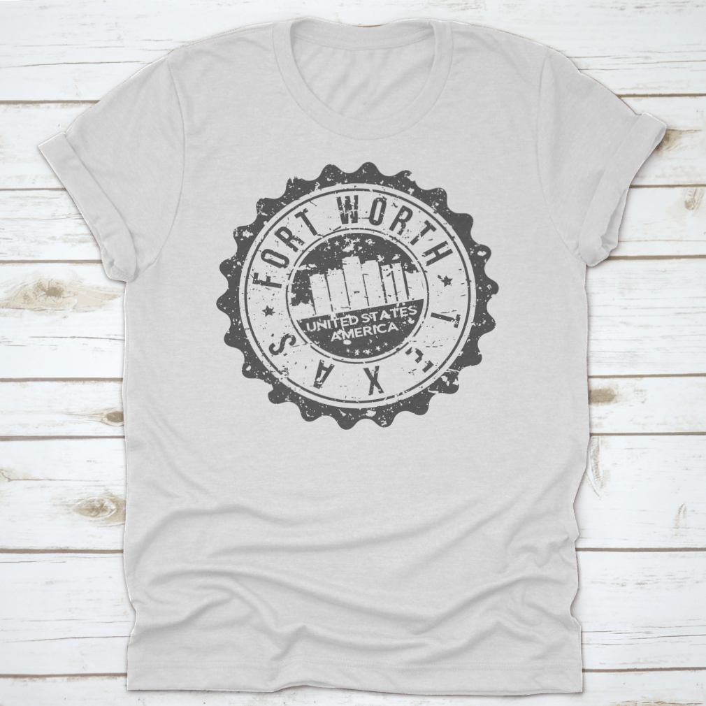 Stylish Fort Worth Texas City Skyline silhouette design on a cotton t-shirt, showcasing iconic city landmarks.