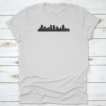 A stylish graphic t-shirt featuring a detailed vector silhouette of the Fort Worth, Texas skyline, showcasing iconic buildings.