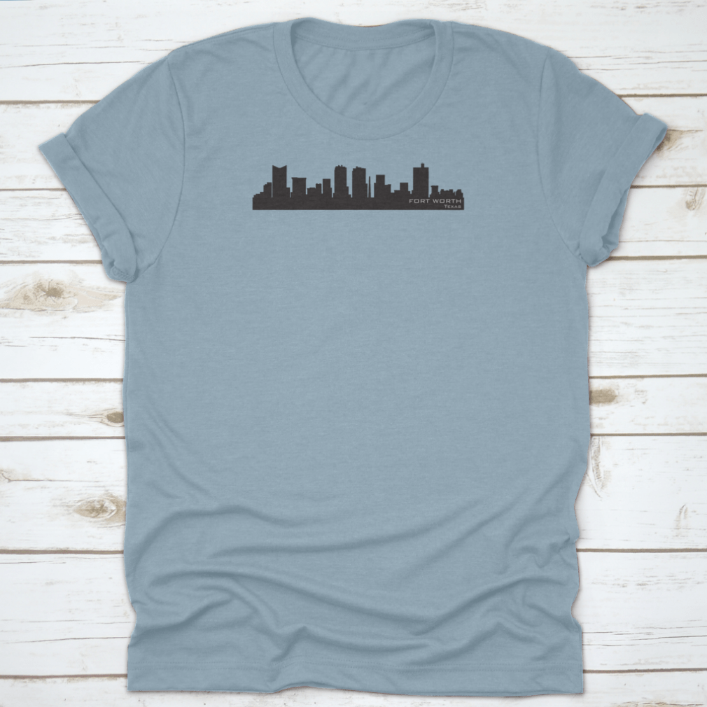 A stylish graphic t-shirt featuring a detailed vector silhouette of the Fort Worth, Texas skyline, showcasing iconic buildings.