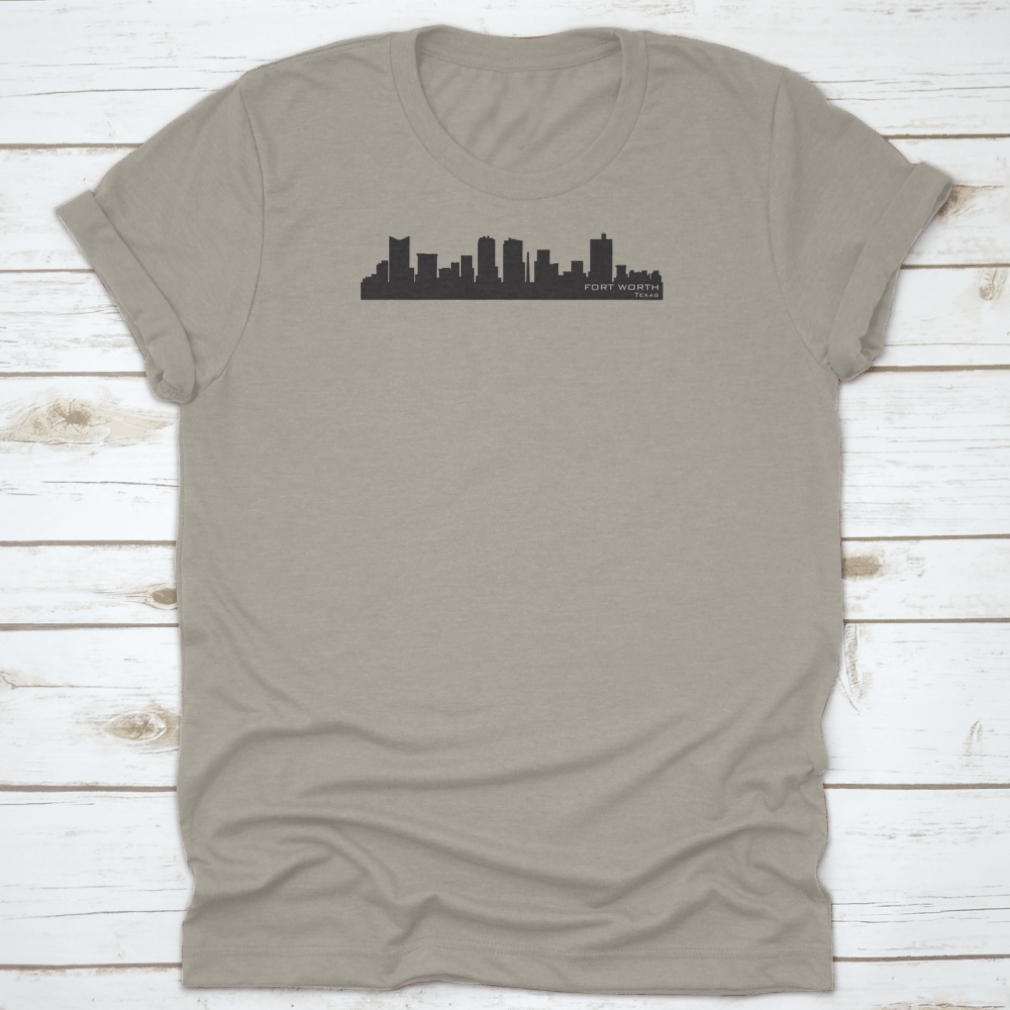 A stylish graphic t-shirt featuring a detailed vector silhouette of the Fort Worth, Texas skyline, showcasing iconic buildings.