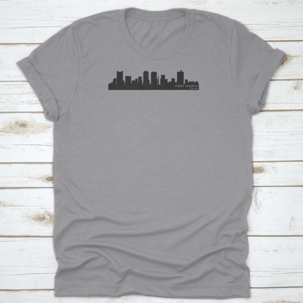 A stylish graphic t-shirt featuring a detailed vector silhouette of the Fort Worth, Texas skyline, showcasing iconic buildings.