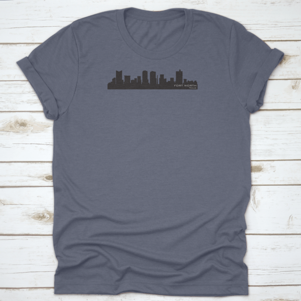 A stylish graphic t-shirt featuring a detailed vector silhouette of the Fort Worth, Texas skyline, showcasing iconic buildings.