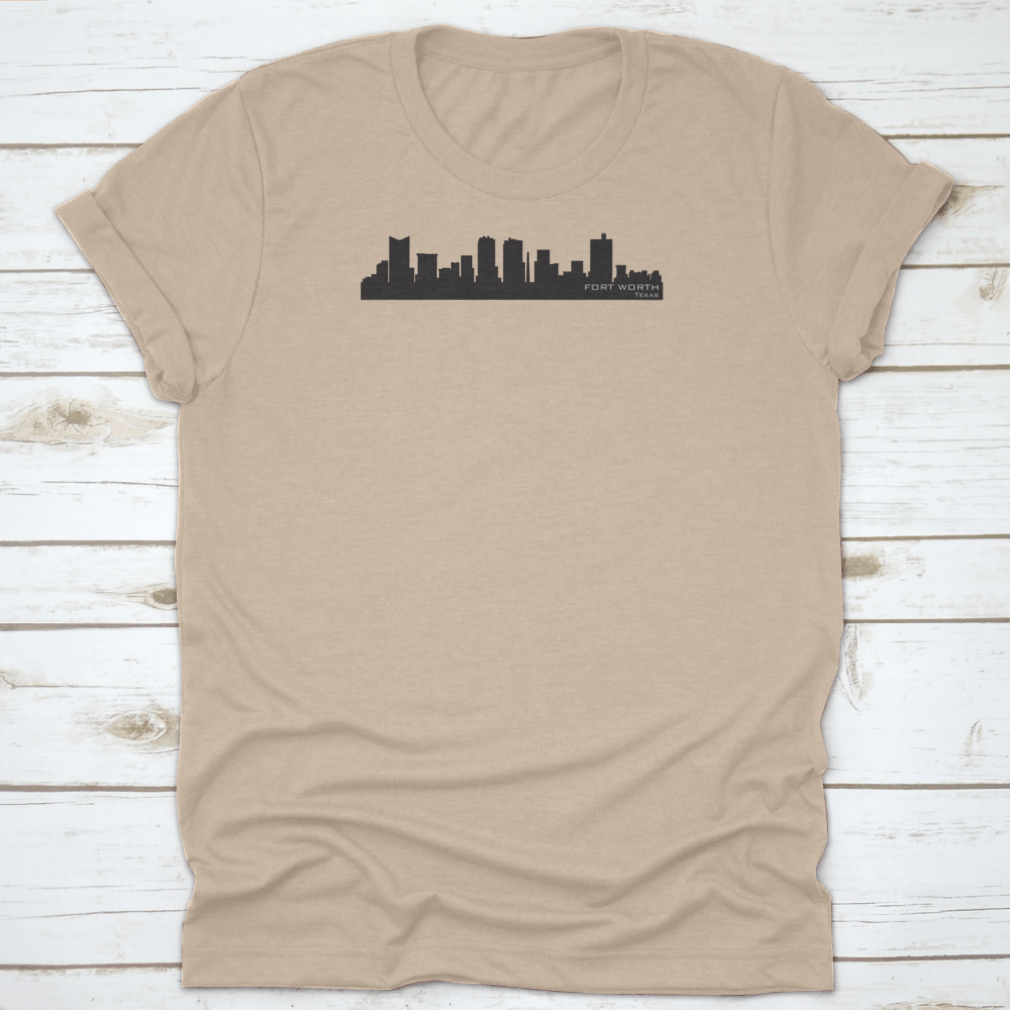 A stylish graphic t-shirt featuring a detailed vector silhouette of the Fort Worth, Texas skyline, showcasing iconic buildings.