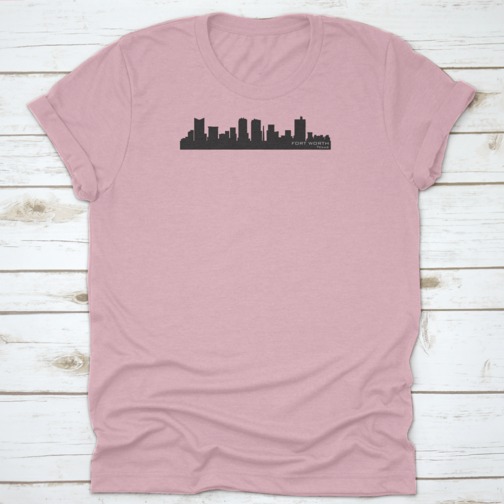 A stylish graphic t-shirt featuring a detailed vector silhouette of the Fort Worth, Texas skyline, showcasing iconic buildings.