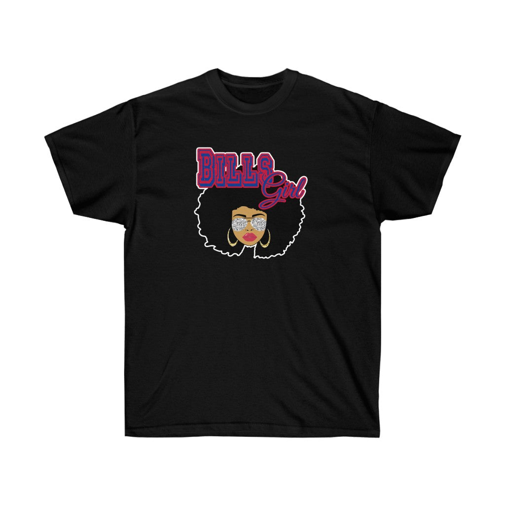 Football Bills Afro Black Girl T-Shirt featuring vibrant vinyl print on soft cotton fabric, designed for comfort and style.