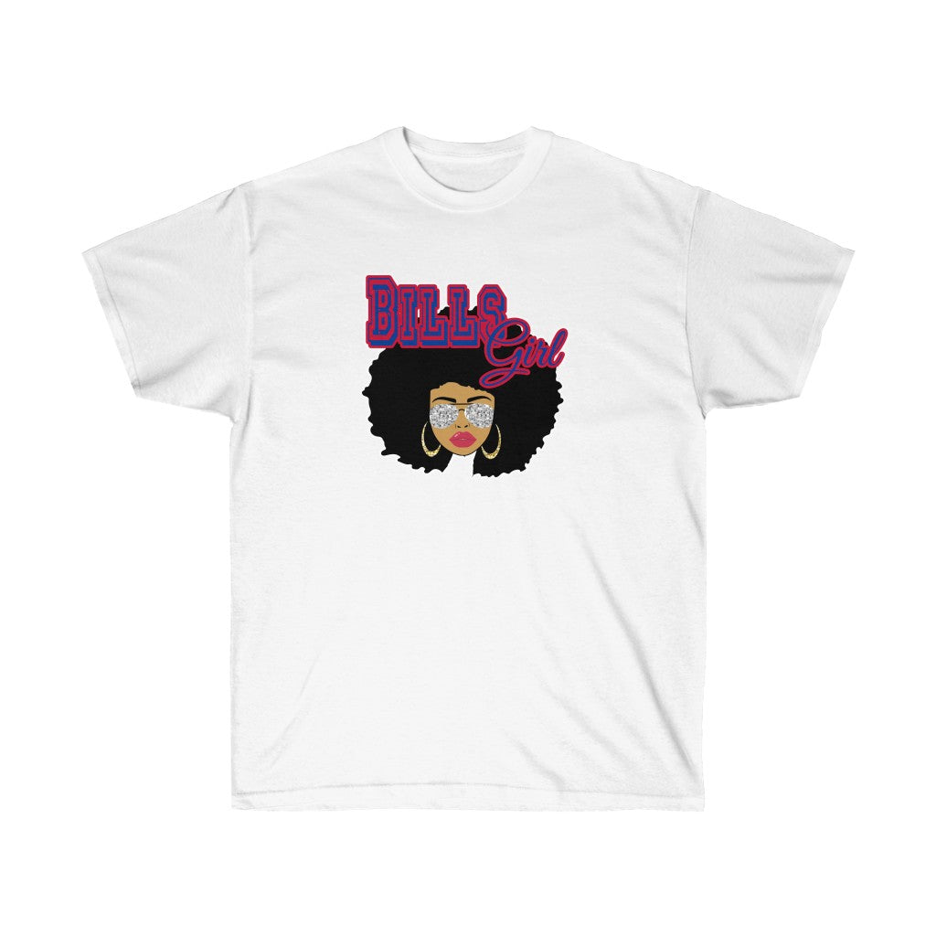 Football Bills Afro Black Girl T-Shirt featuring vibrant vinyl print on soft cotton fabric, designed for comfort and style.