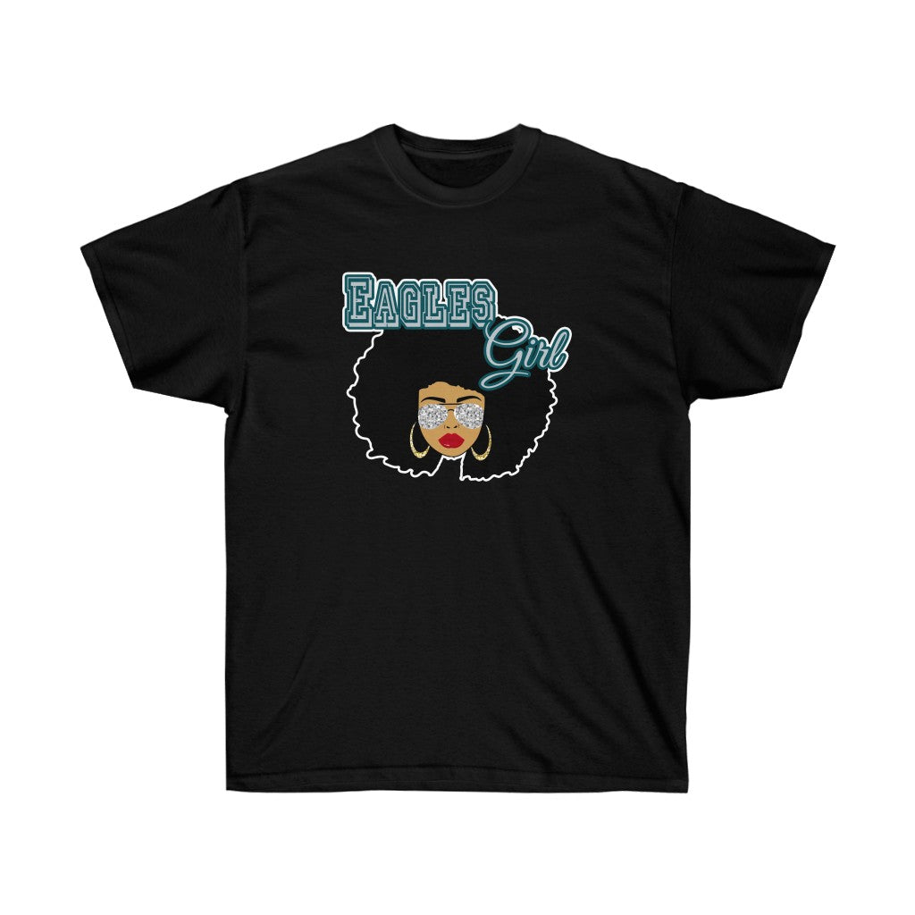 Football Eagles Afro Black Girl T-Shirt featuring vibrant vinyl print on soft cotton fabric, designed for comfort and style.