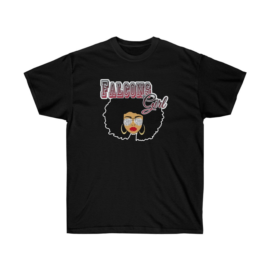 Football Falcons Afro Black Girl T-Shirt featuring vibrant football-themed design on soft cotton fabric.